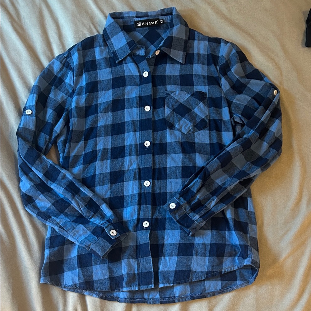 Allegra K Men's Navy and Light Blue Checkered Shirt
